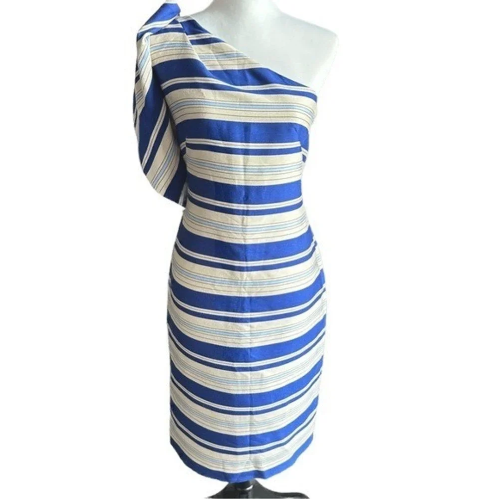 Banana Republic One Shoulder Dress NWT Women's 4 Blue Striped‎ Ruffle Sheath